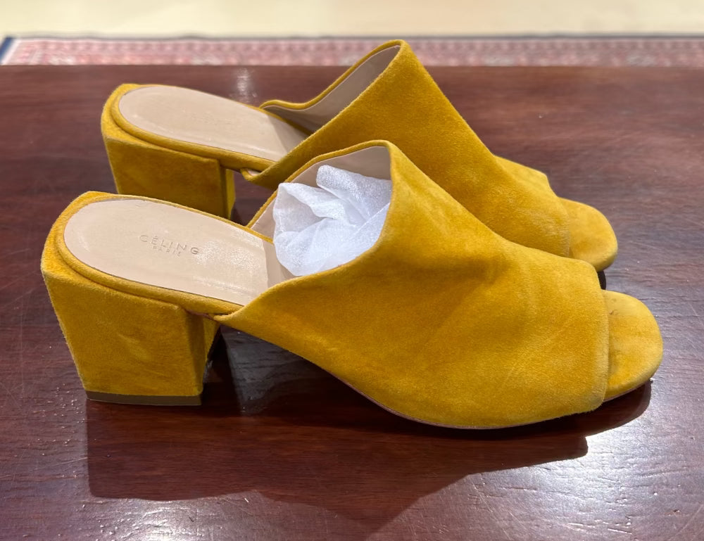 Women's Shoes Celing - 6.5 US/37C EU, Mustard Suede Leather, Leather Sole Mules Sandals