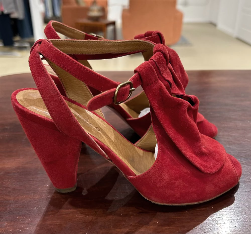 Women's Shoes - 7 US 38 EU Red Suede Leather Heeled Sandals Cocolico