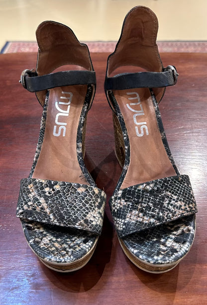 Women's Shoes - 6.5 US Black/Beige Snake Print Leather Cork Platform Sandals MJUS