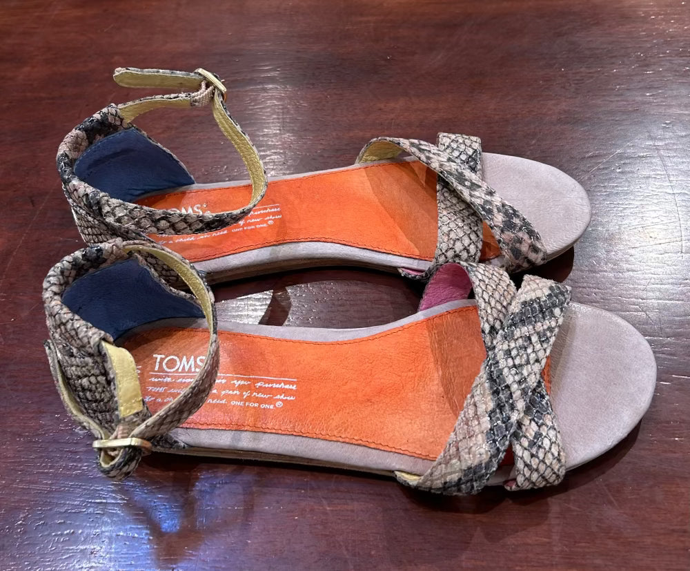 Women's Shoes - 6-6.5W US Beige Snake Print Sandals, Leather Sole, TOMS