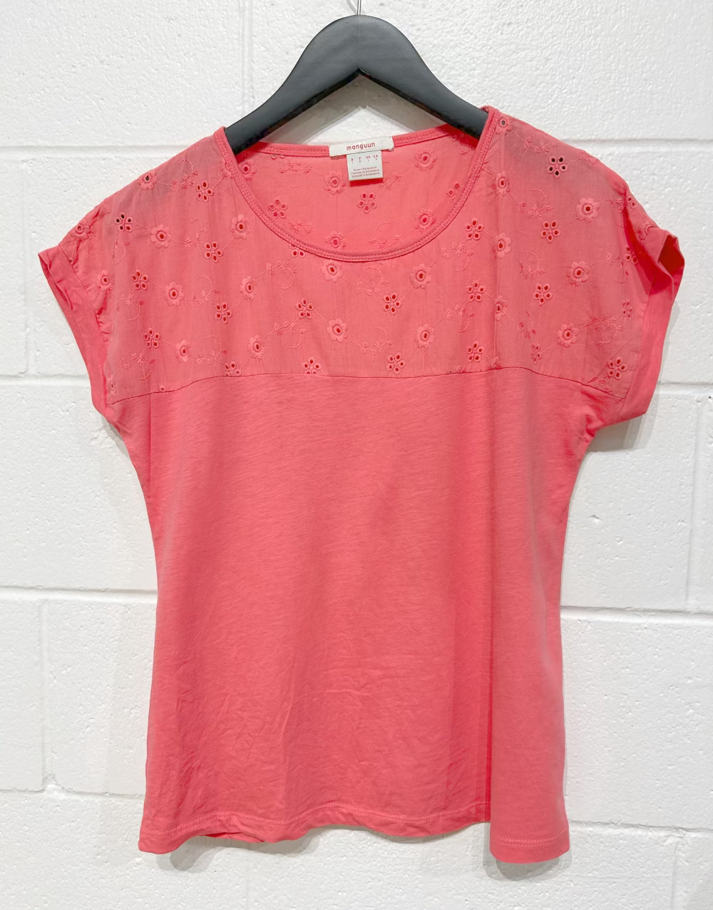 Women's L 100% Cotton Short Sleeve Top Coral Eyelet, Manguun