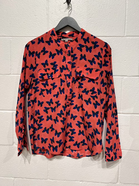 Women's XS Shirt Button-up Long Sleeve, Red with Blue Butterflies, Gap