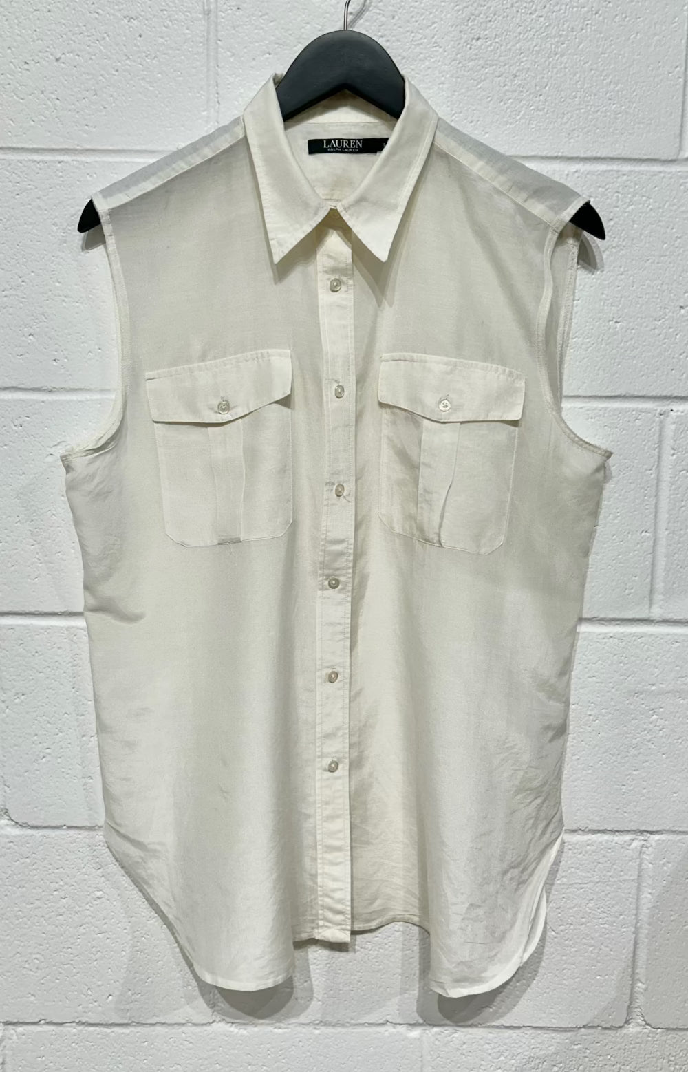 Women's L Silk Gauze Top Button Shirt, Sleeveless, Ralph Lauren