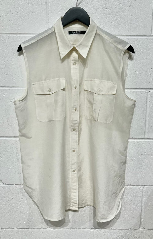 Women's L Silk Gauze Top Button Shirt, Sleeveless, Ralph Lauren