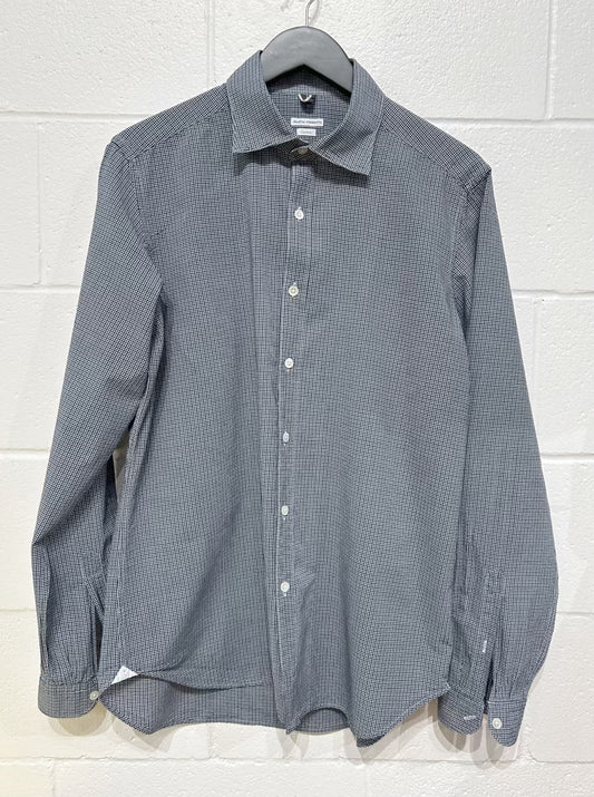 Men's L 16-1/2 42 Cotton Shirt, Long Sleeve, Button Up, Navy/White Microcheck, Mastai Ferretti