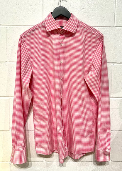 Men's L Cotton Shirt,  Long Sleeve, Pink Gingham Print, Hugo Boss