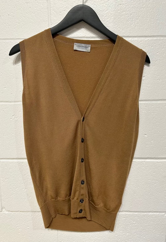 Men's S 100% Wool Sweater Vest, Button-up, Camel, John Smedley