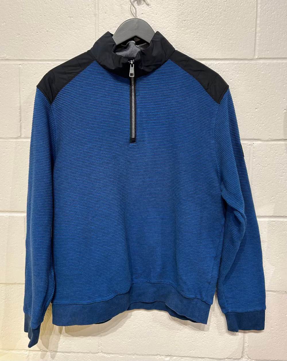 Men's XL Sweater, Half Zip with Shoulder Patches, Blue, Bugatti