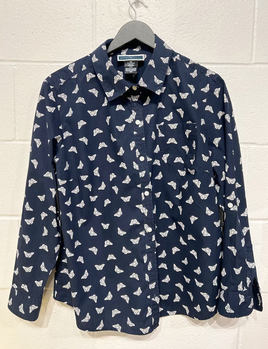 Women's L Cotton Shirt Button-up Long Sleeve, Butterfly Print, Navy/White, Karen Scott