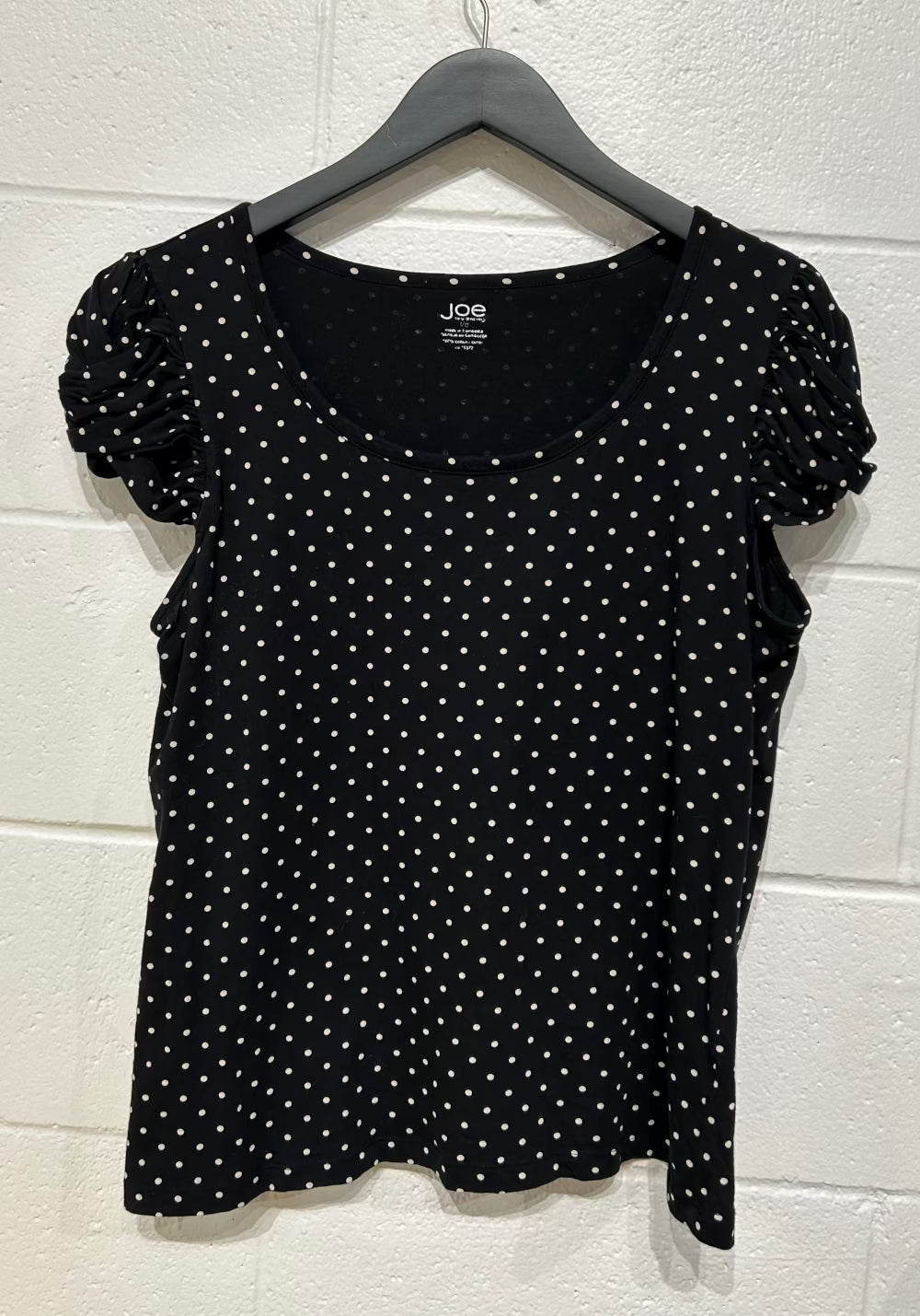 Women's L Top T-Shirt, Black with Cream Polka Dots, Ruched Short Sleeves, Joe