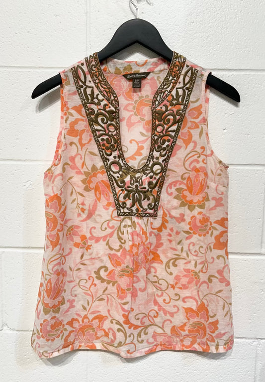 Women's S Top Sleeveless Blouse, Cotton/Linen, Embroidered Collar - Coral/Camel Floral, Tommy Bahama