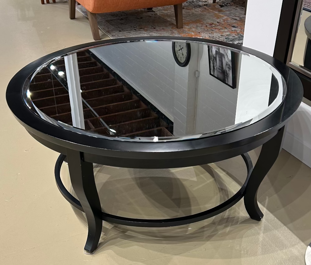 Local Pickup Only - Dark Wood and Beveled Glass Mirror Round Coffee Table, Modern, 40" across