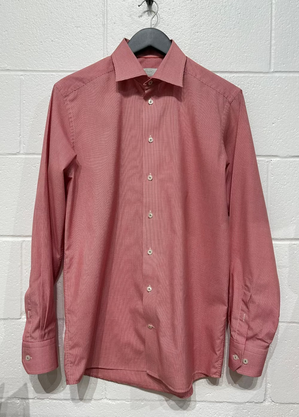 Men's M 15-3/4 Cotton Shirt, Long Sleeve, Button Up, Red/White Microcheck, Eton