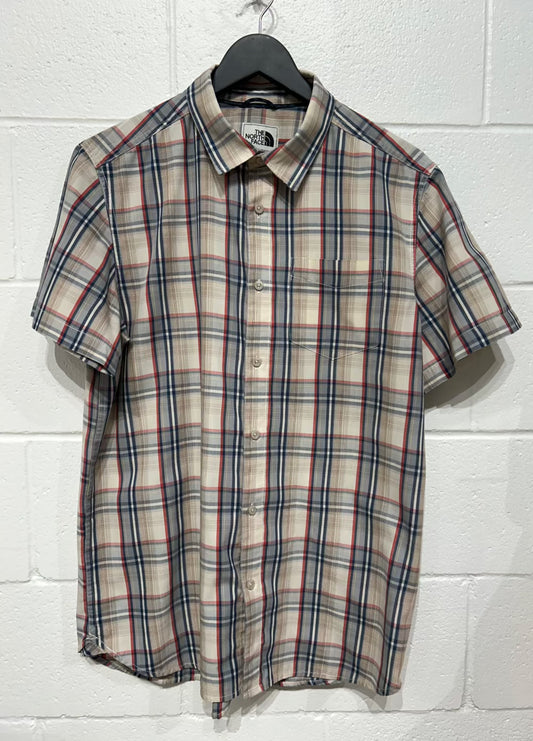 Men's L (fits M) Beige/Blue Plaid Shirt, Short Sleeve, North Face