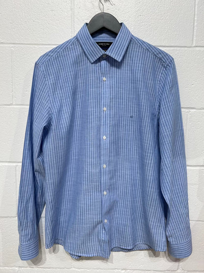 Men's L  Long Sleeve Shirt, Button Up, Blue Stripe, Slim Fit Kenneth Cole