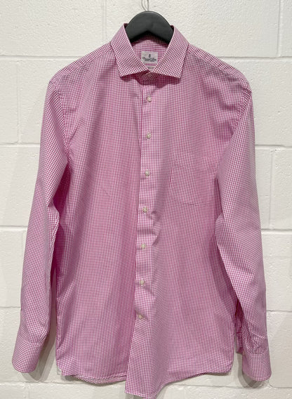 Men's L 16-1/2 42 Shirt, Long Sleeve, Button Up, 100% Cotton, Pink Check, Modern Fit, Emmanuel Berg