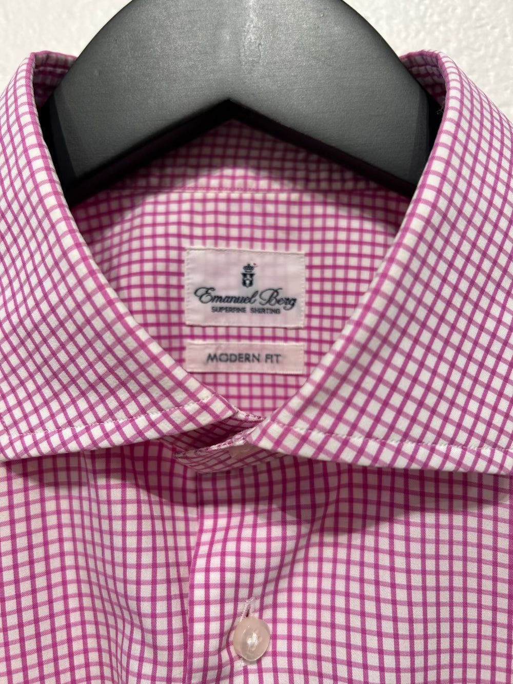 Men's L 16-1/2 42 Shirt, Long Sleeve, Button Up, 100% Cotton, Pink Check, Modern Fit, Emmanuel Berg