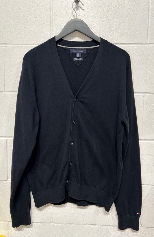 Men's L Cotton Cashmere Cardigan Sweater, Black, Tommy Hilfiger