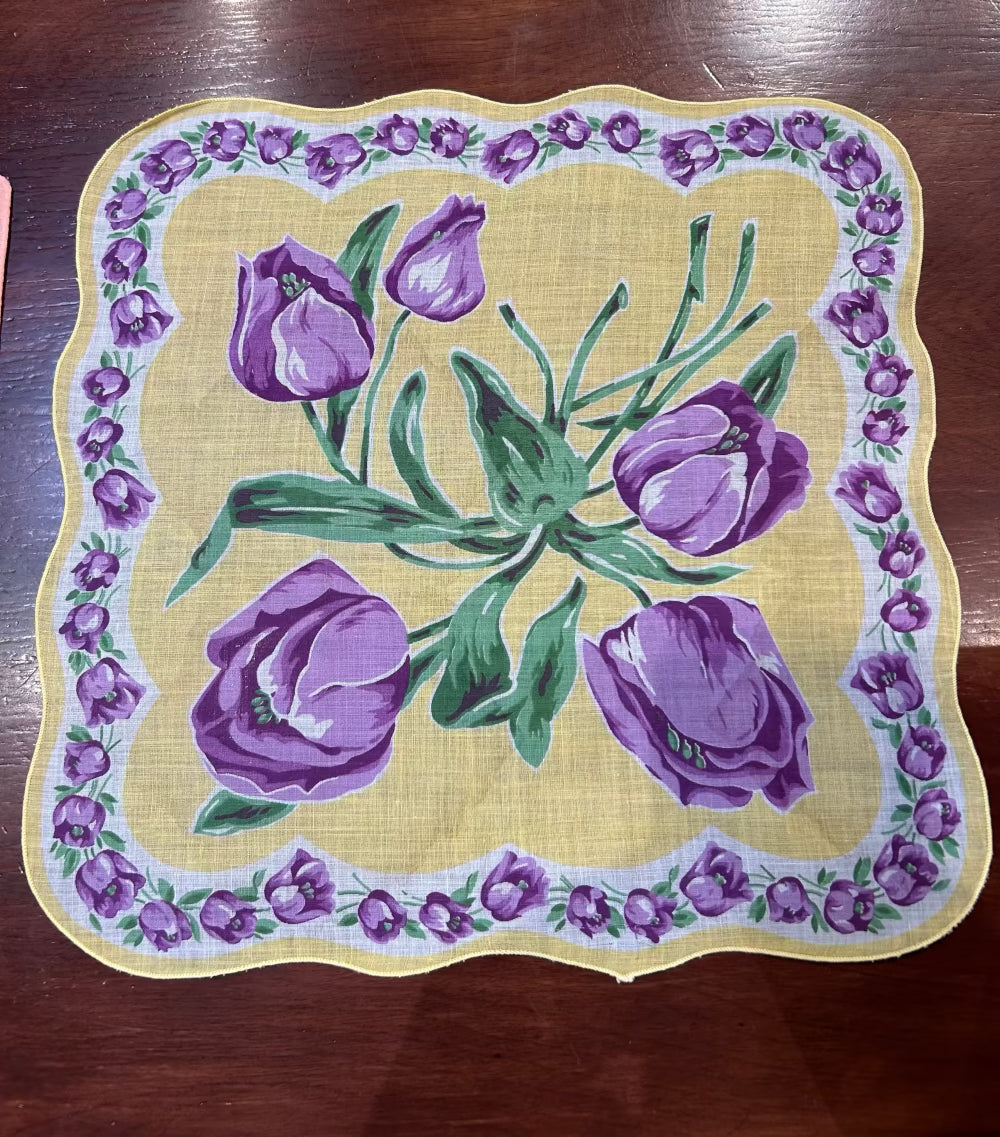 Cotton Pocket Square Scarf, Purple Tulips