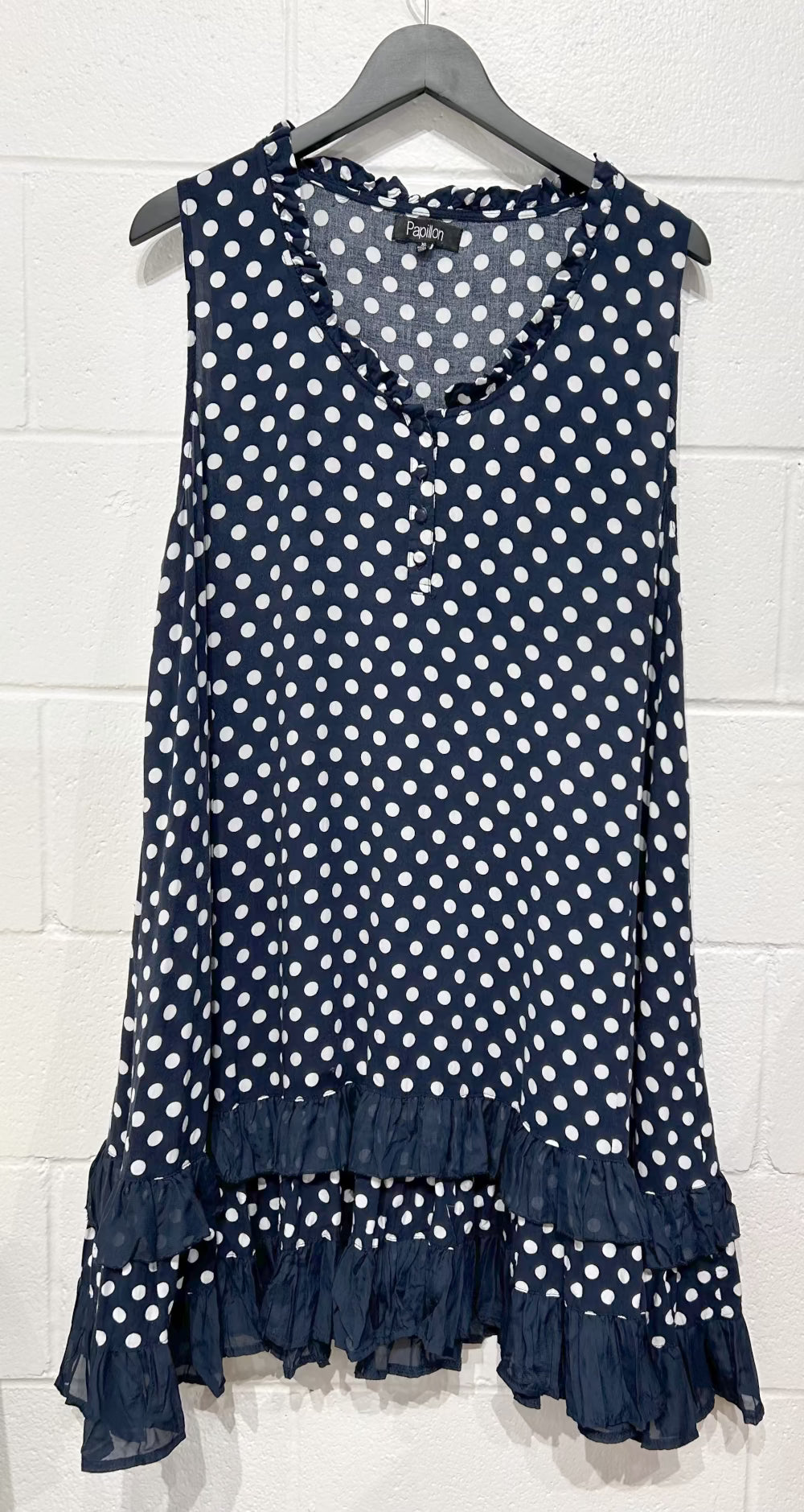 Women's Dress XL, Navy Polka Dots, Ruffle, Papillon