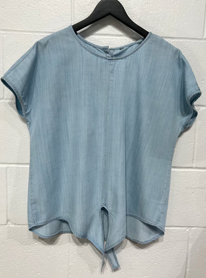 Women's M-L Cotton Top Button-Back Shirt, Front Tie, Denim Chambray