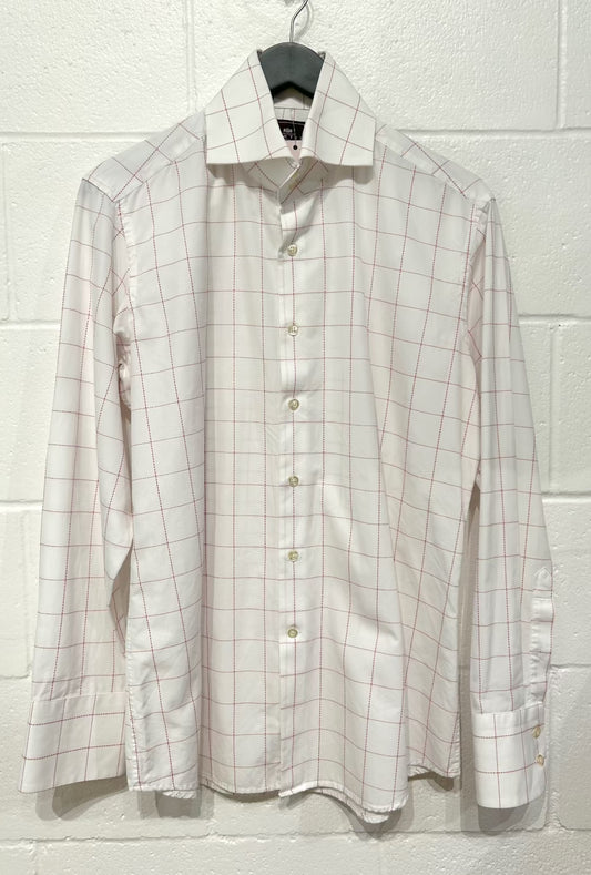 Men's M 40 Shirt,  Long Sleeve, Button Up, White Cotton Red Windowpane Check, Slim Cut - Curtis Hawes & Curtis