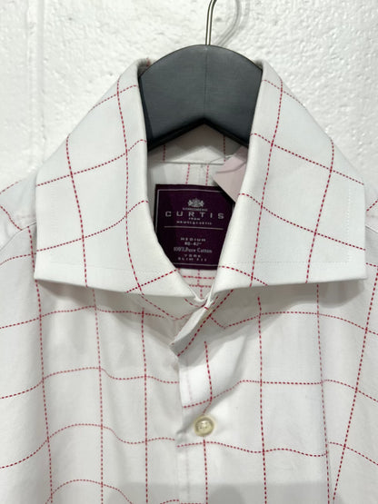 Men's M 40 Shirt,  Long Sleeve, Button Up, White Cotton Red Windowpane Check, Slim Cut - Curtis Hawes & Curtis