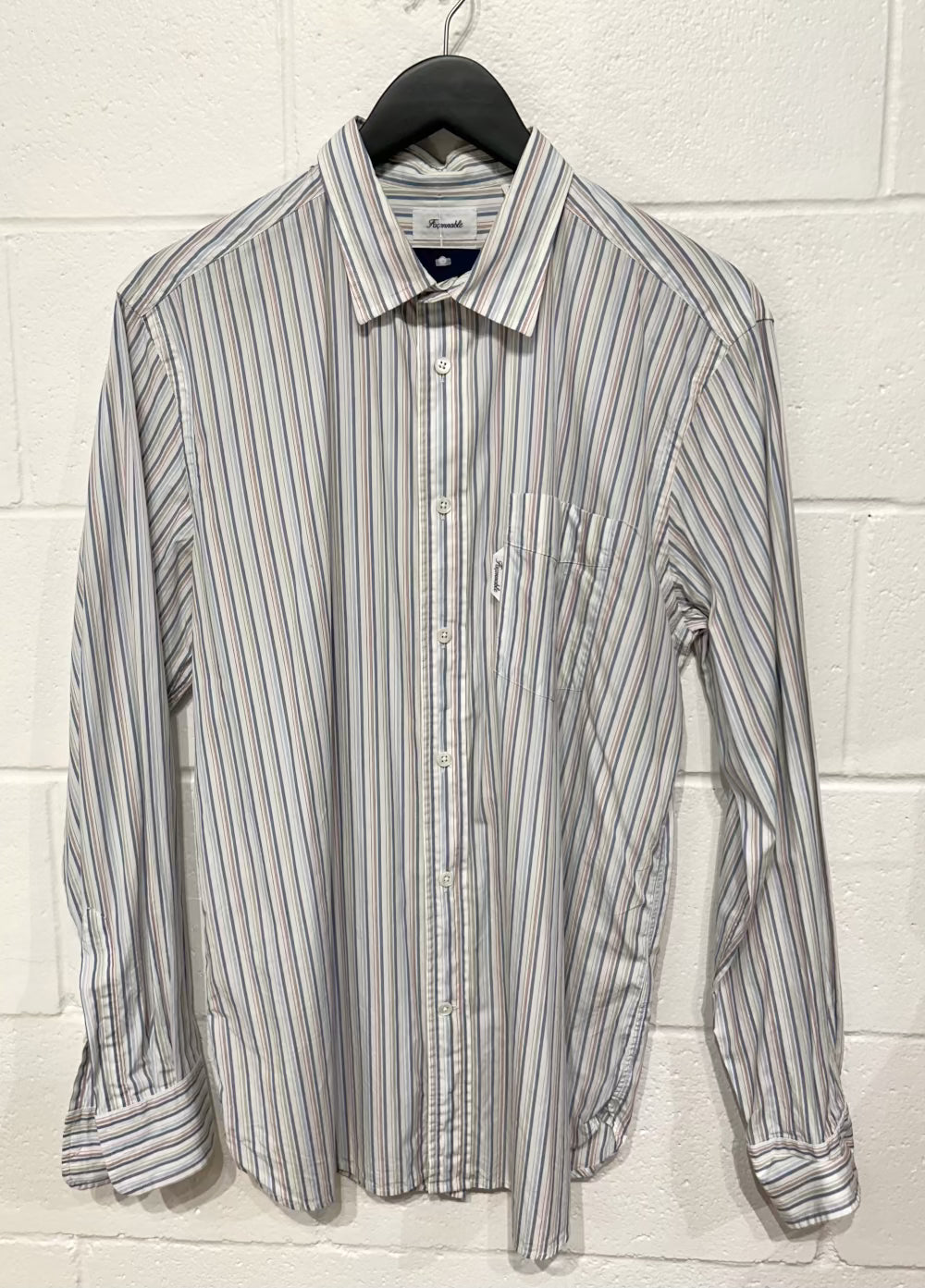 Men's M Cotton Shirt, Long Sleeve, Button Up, Blue Multi Stripe, Faconnable