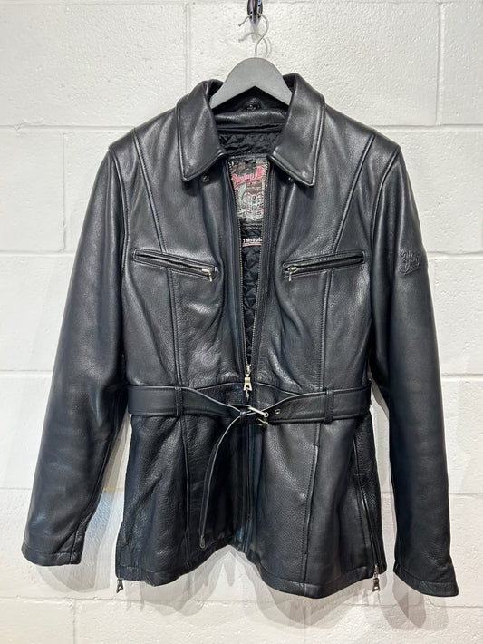 Women's L Black Leather Bike Jacket, Self Belt and Removable Liner - Flying Bikes