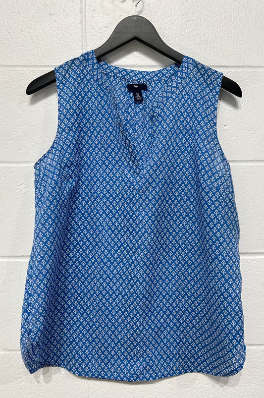 Women's M 100% Cotton Gauze Top, Sleeveless, Blue Flower Print, Gap