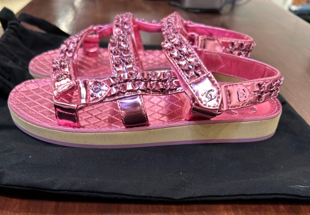 Women s Shoes 37C EU 6.5 M US Chanel Metallic Pink Chain Velcro Sa Circularity Boutique