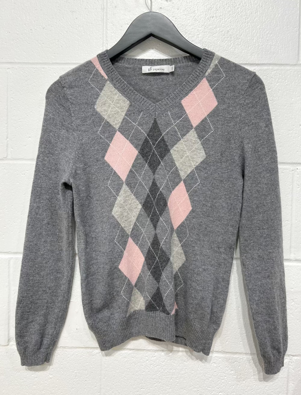 Women's S 100% Cashmere Sweater, Grey/Pink Argyll V-Neck - Pipigou