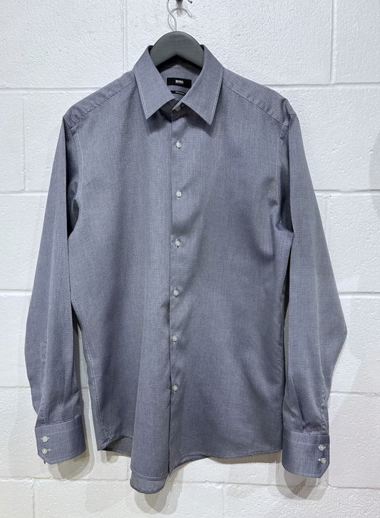 Men's L 16-1/2 Cotton Shirt,  Long Sleeve, Button-up, Navy Microcheck, Regular Fit, Hugo Boss