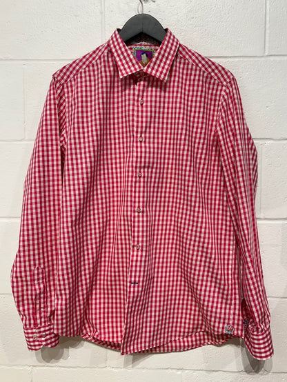 Men's M Cotton Shirt,  Long Sleeve, Button-up, Pink Gingham Check, Tailored Fit