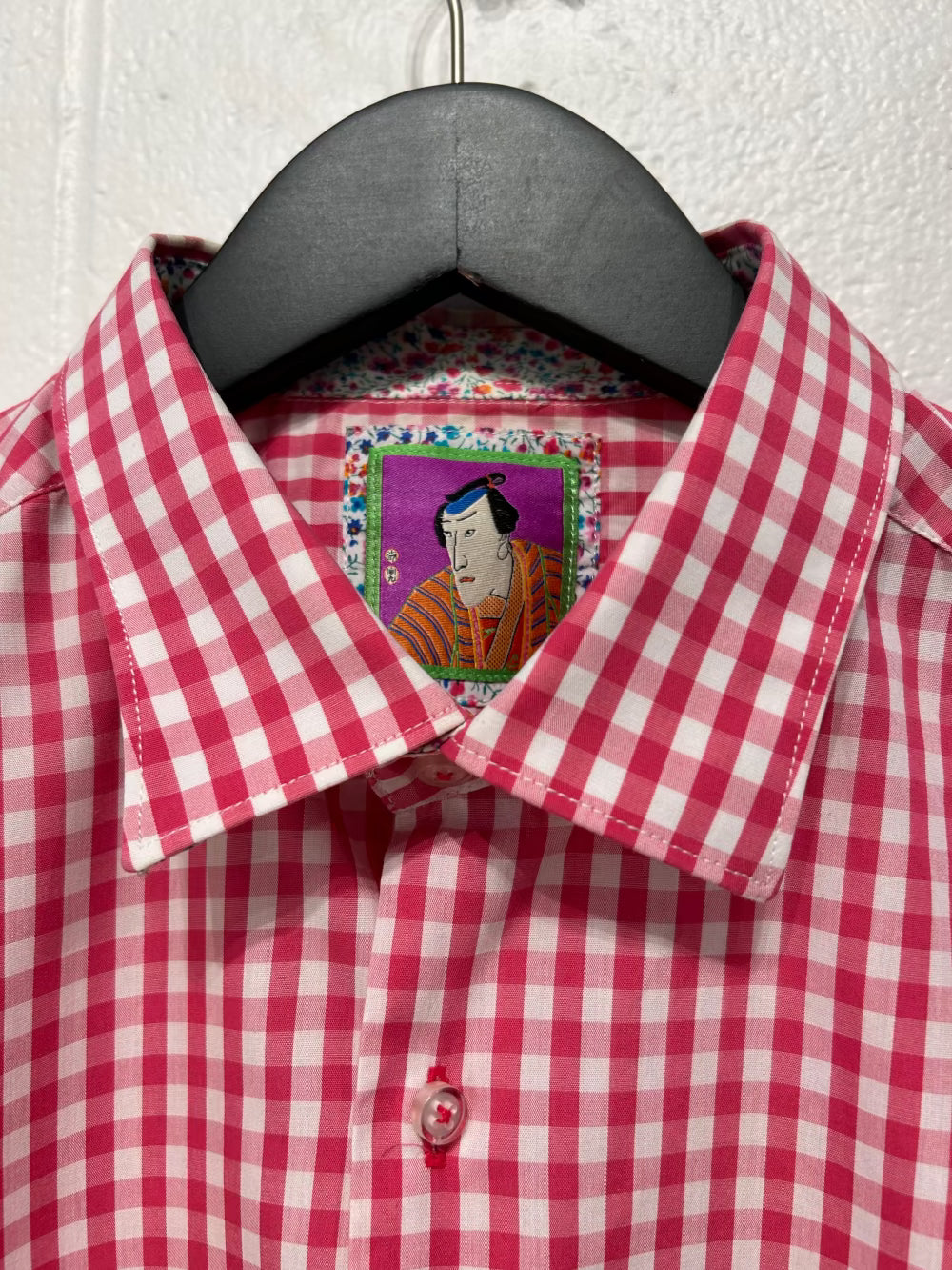 Men's M Cotton Shirt,  Long Sleeve, Button-up, Pink Gingham Check, Tailored Fit