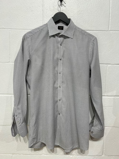 Men's S 39 Cotton Shirt,  Long Sleeve, Button-up, Grey White Micropattern, Slim Fit, Sand