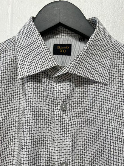 Men's S 39 Cotton Shirt,  Long Sleeve, Button-up, Grey White Micropattern, Slim Fit, Sand