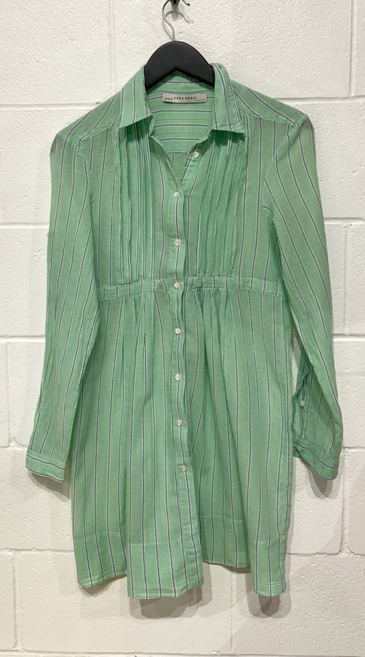 Women's XS Dress Shirtdress Long Sleeve Cotton Button-up  - Green/Blue Stripe, Zara