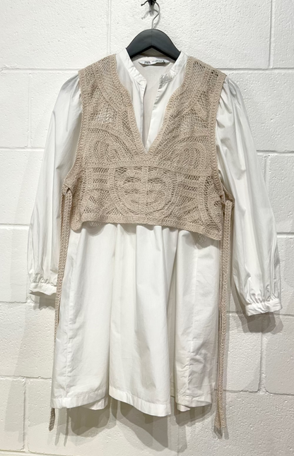 Women's S Dress Tunic Long Sleeve White Cotton, Crochet Vest