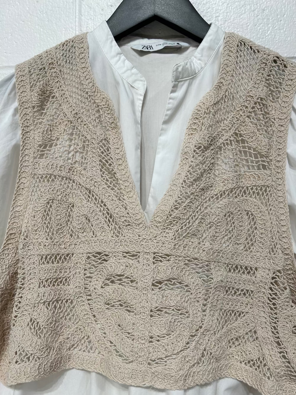 Women's S Dress Tunic Long Sleeve White Cotton, Crochet Vest