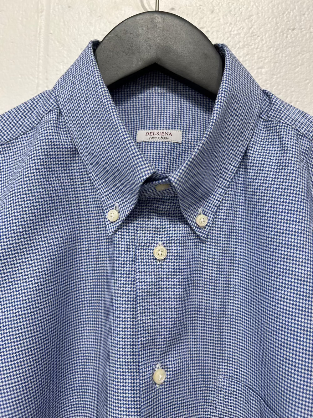 Men's L 16-1/2 42 100% Cotton Shirt,  Long Sleeve, Button-up, Navy Microhoundstooth, Del Siena