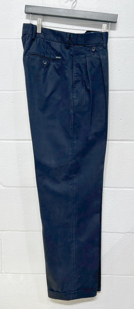 Men's Casual Pants 31R, 100% Cotton Chino, 2 Pleats, Cuff - Navy Blue, Faconnable