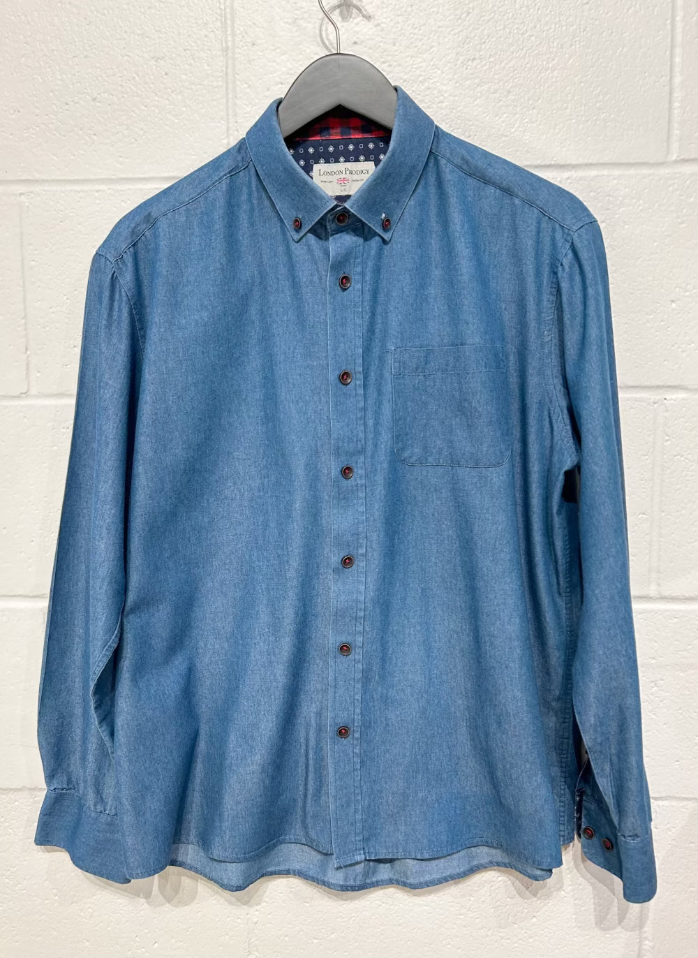 Men's L Dark Denim Shirt, Long Sleeve, Button Up, Full Cut, London Prodigy