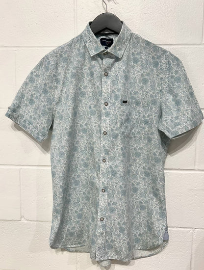 Men's M 100% Cotton Shirt, Short Sleeve, Button Up, Blue Floral, Slim Fit, Peter England