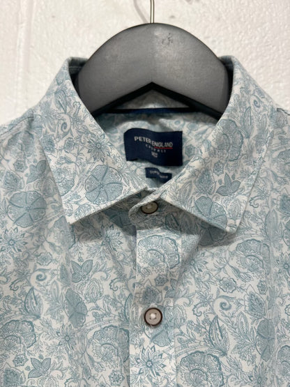 Men's M 100% Cotton Shirt, Short Sleeve, Button Up, Blue Floral, Slim Fit, Peter England