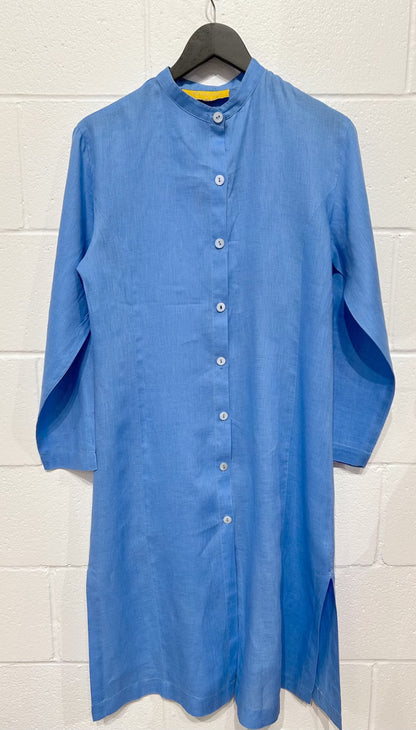 Women's Dress Tunic M, 100% Linen,  Cerulean Blue Button-Up, Renascent