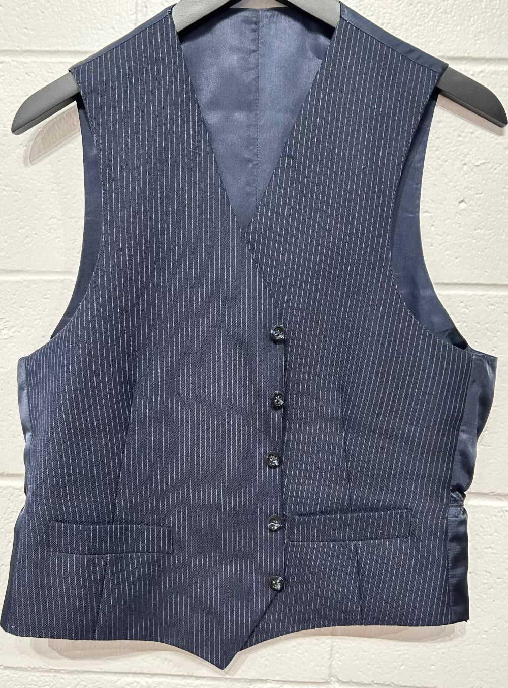 Men's L Vest Wool Waistcoat, Navy Pinstripe, No brand tag