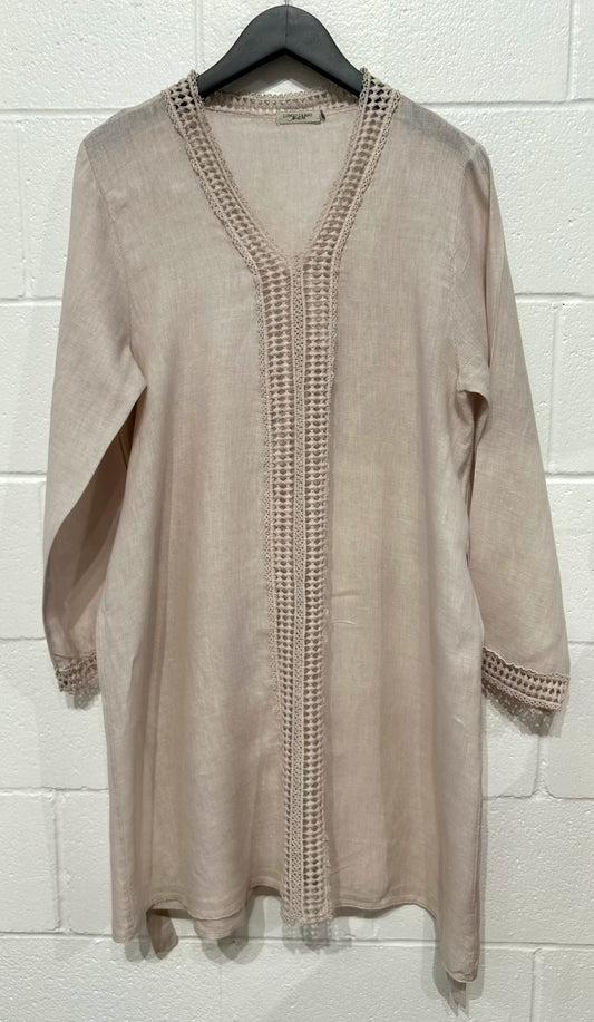 Women's Dress M, Beige Linen Crochet Trim, Self Belt, Lungo L'Arno