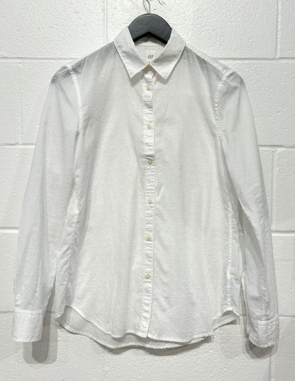 Women's S Cotton Shirt Button-up Long Sleeve, White Swiss Dot, Gap