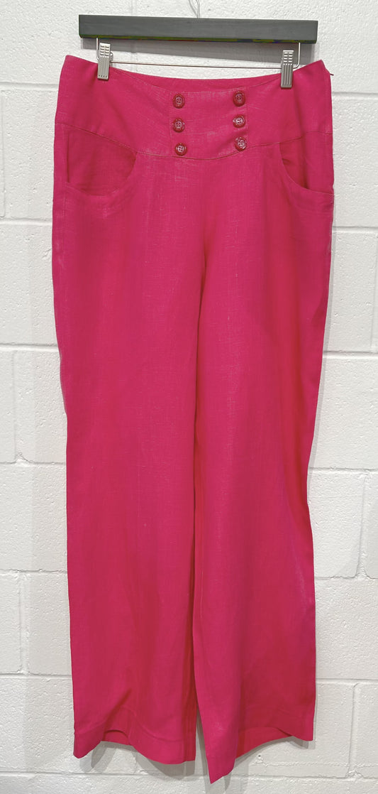 Women's L 100% Linen Pants, Hot Pink, Sailor Buttons, Bramy